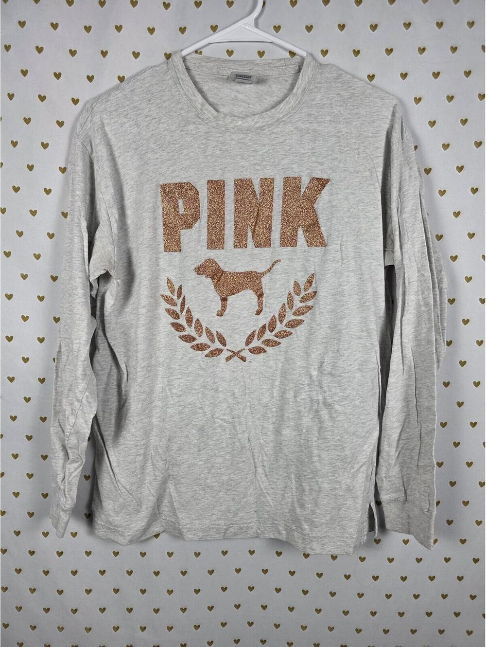 Victorias Secret PINK Long sleeve campus GOLD BLING Glittered crest Logo Tee SM